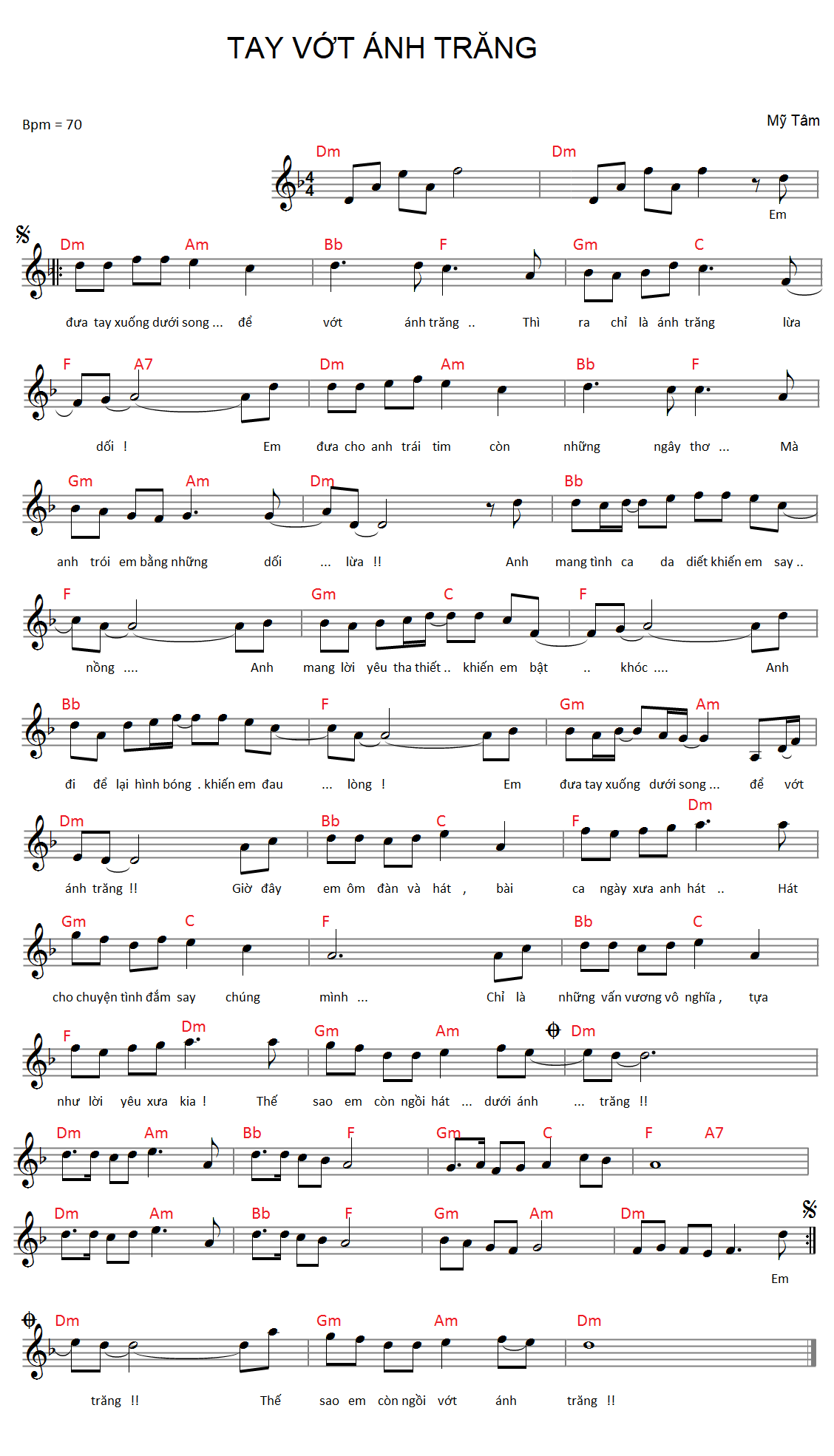 Sheet nhạc Tay Vớt Ánh Trăng Mỹ Tâm